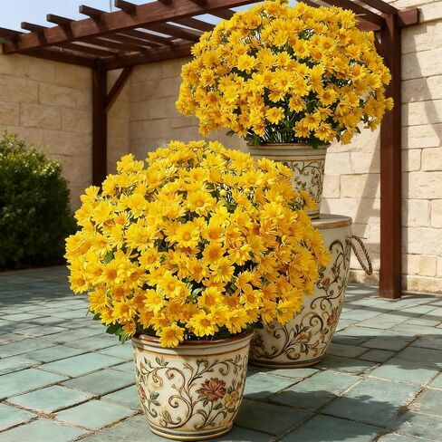 Funsdecor Mums، أمهات غروب الشمس الاصطناعي، زهور أم غروب الشمس الاصطناعية في الهواء الطلق، مقاومة للأشعة فوق البنفسجية، مقاومة للماء، مقاومة للرياح، مفعمة بالحياة، مفعمة بالحياة وجوهر الخريف (10 حزم، أصفر) in Kuwait