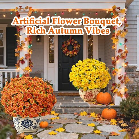 Funsdecor Mums، أمهات غروب الشمس الاصطناعي، زهور أم غروب الشمس الاصطناعية في الهواء الطلق، مقاومة للأشعة فوق البنفسجية، مقاومة للماء، مقاومة للرياح، مفعمة بالحياة، مفعمة بالحياة وجوهر الخريف (10 حزم، أصفر) in Kuwait
