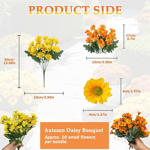 Funsdecor Mums، أمهات غروب الشمس الاصطناعي، زهور أم غروب الشمس الاصطناعية في الهواء الطلق، مقاومة للأشعة فوق البنفسجية، مقاومة للماء، مقاومة للرياح، مفعمة بالحياة، مفعمة بالحياة وجوهر الخريف (10 حزم، أصفر) in Kuwait