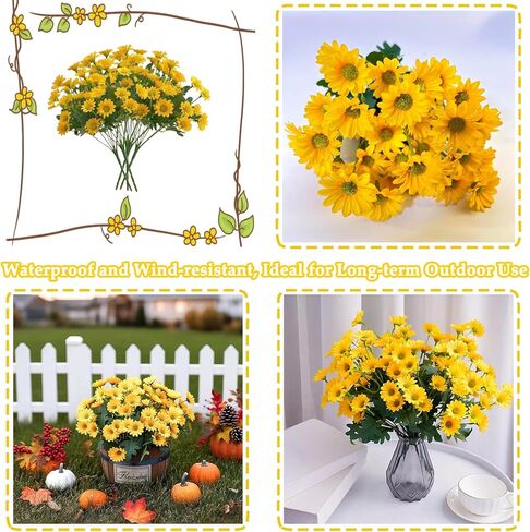 Funsdecor Mums، أمهات غروب الشمس الاصطناعي، زهور أم غروب الشمس الاصطناعية في الهواء الطلق، مقاومة للأشعة فوق البنفسجية، مقاومة للماء، مقاومة للرياح، مفعمة بالحياة، مفعمة بالحياة وجوهر الخريف (10 حزم، أصفر) in Kuwait