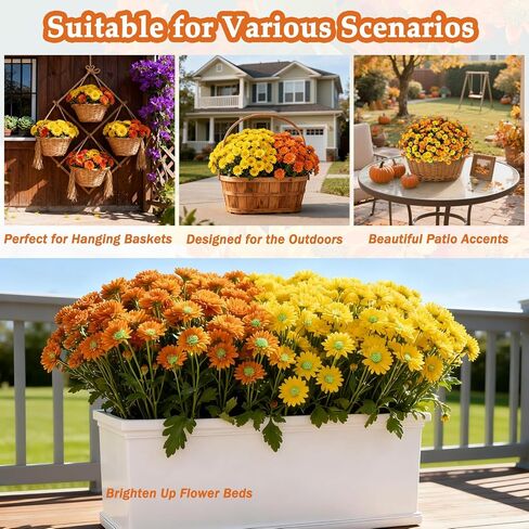 Funsdecor Mums، أمهات غروب الشمس الاصطناعي، زهور أم غروب الشمس الاصطناعية في الهواء الطلق، مقاومة للأشعة فوق البنفسجية، مقاومة للماء، مقاومة للرياح، مفعمة بالحياة، مفعمة بالحياة وجوهر الخريف (10 حزم، أصفر) in Kuwait