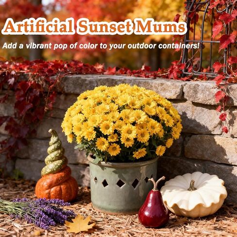 Funsdecor Mums، أمهات غروب الشمس الاصطناعي، زهور أم غروب الشمس الاصطناعية في الهواء الطلق، مقاومة للأشعة فوق البنفسجية، مقاومة للماء، مقاومة للرياح، مفعمة بالحياة، مفعمة بالحياة وجوهر الخريف (10 حزم، أصفر) in Kuwait