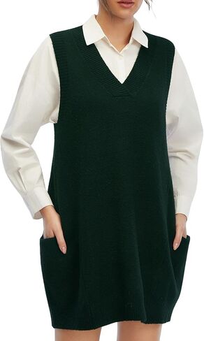 Womens Sweater Vest Dress with Pockets Casual Knitted Pullover Sweaters Fall 2025 V Neck Tank Sweater Dress in Kuwait