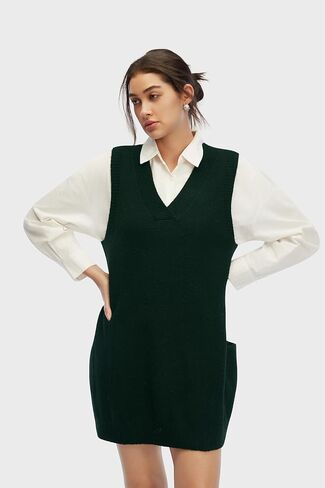 Womens Sweater Vest Dress with Pockets Casual Knitted Pullover Sweaters Fall 2025 V Neck Tank Sweater Dress in Kuwait