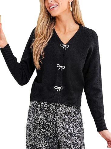 CUPSHE Women's Long Sleeve Bow Knit Cardigan V Neck Lightweight Open Front Sweater Fall Winter Casual Sweater Top in Saudi Arabia