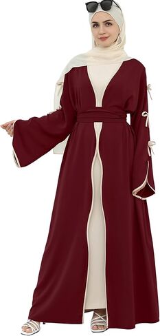 Elegant Flowy Muslim Cardigan Robe with Bow Accents Front Wave Design Abaya for Women Open Front Abaya with Belt in Kuwait