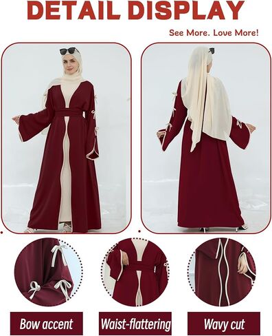 Elegant Flowy Muslim Cardigan Robe with Bow Accents Front Wave Design Abaya for Women Open Front Abaya with Belt in Kuwait