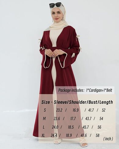 Elegant Flowy Muslim Cardigan Robe with Bow Accents Front Wave Design Abaya for Women Open Front Abaya with Belt in Kuwait