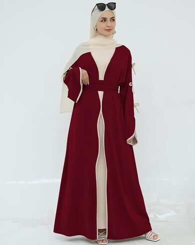 Elegant Flowy Muslim Cardigan Robe with Bow Accents Front Wave Design Abaya for Women Open Front Abaya with Belt in Kuwait