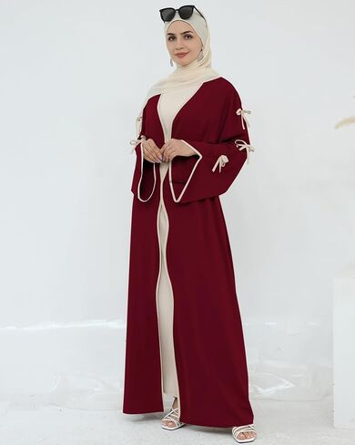 Elegant Flowy Muslim Cardigan Robe with Bow Accents Front Wave Design Abaya for Women Open Front Abaya with Belt in Kuwait