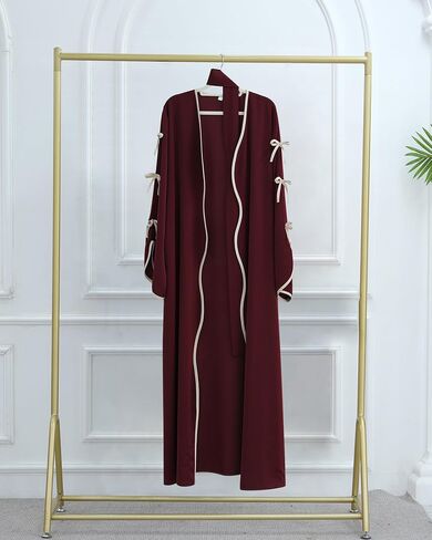 Elegant Flowy Muslim Cardigan Robe with Bow Accents Front Wave Design Abaya for Women Open Front Abaya with Belt in Kuwait