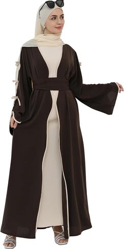 Elegant Flowy Muslim Cardigan Robe with Bow Accents Front Wave Design Abaya for Women Open Front Abaya with Belt in Kuwait