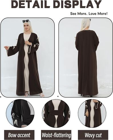 Elegant Flowy Muslim Cardigan Robe with Bow Accents Front Wave Design Abaya for Women Open Front Abaya with Belt in Kuwait