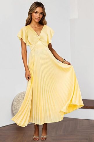 Fanciest Pleated Satin Bridesmaid Dresses Short Sleeve V-Neck Formal Evening Party Dress in Saudi Arabia