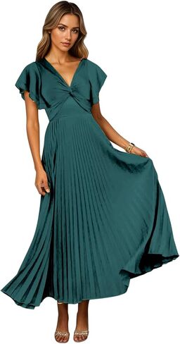 Fanciest Pleated Satin Bridesmaid Dresses Short Sleeve V-Neck Formal Evening Party Dress in Saudi Arabia