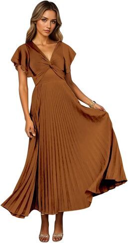 Fanciest Pleated Satin Bridesmaid Dresses Short Sleeve V-Neck Formal Evening Party Dress in Saudi Arabia