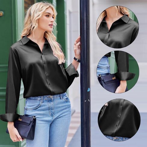 White Satin Button Down Blouse, Long Sleeve, Business Casual Shirt for Women, Smooth & Elegant in Saudi Arabia
