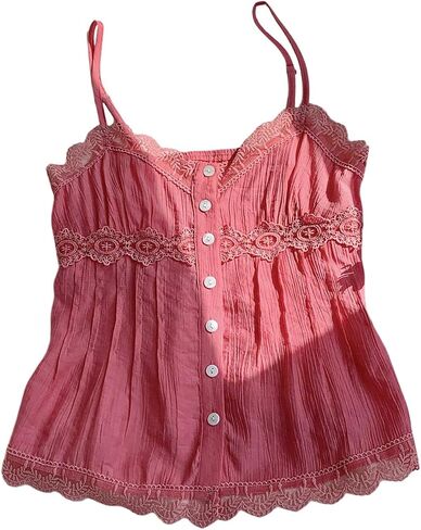 Women's Lace Button Down Blouses V Neck Spaghetti Strap Camisole Tops Summer Shirts in Saudi Arabia