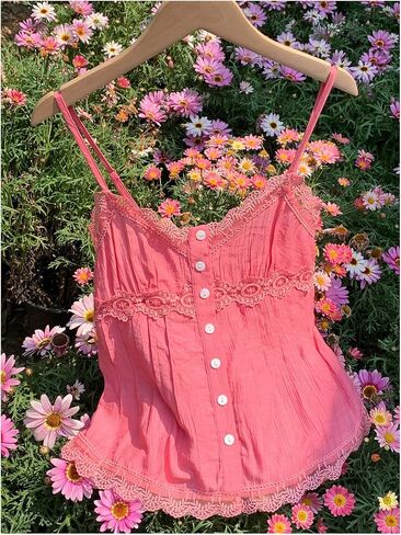 Women's Lace Button Down Blouses V Neck Spaghetti Strap Camisole Tops Summer Shirts in Saudi Arabia