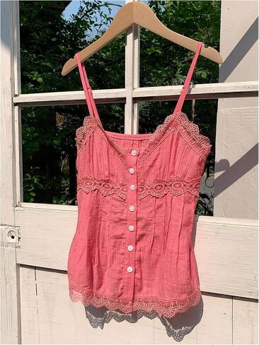 Women's Lace Button Down Blouses V Neck Spaghetti Strap Camisole Tops Summer Shirts in Saudi Arabia