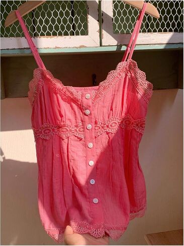 Women's Lace Button Down Blouses V Neck Spaghetti Strap Camisole Tops Summer Shirts in Saudi Arabia