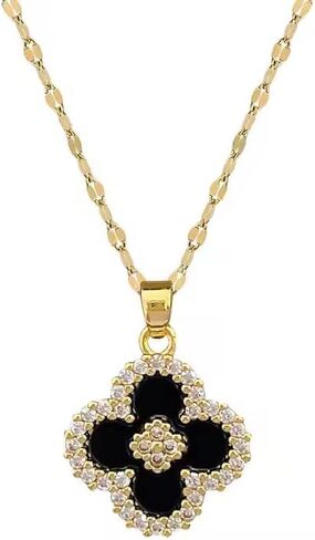 Gold Tone Necklace with Black Enamel Pendant, Crystals Four leaf Clove Charm in Saudi Arabia