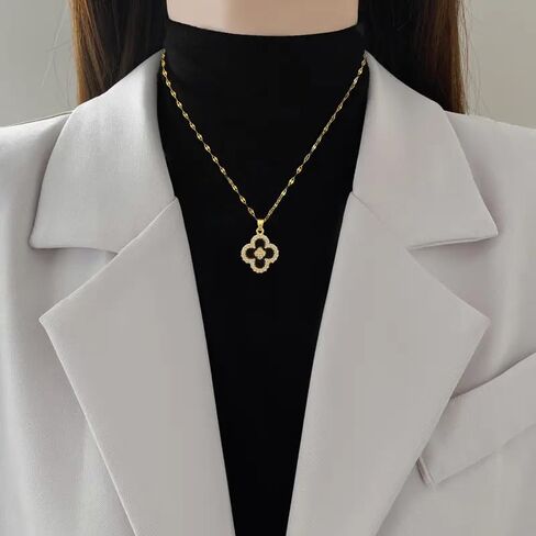 Gold Tone Necklace with Black Enamel Pendant, Crystals Four leaf Clove Charm in Saudi Arabia