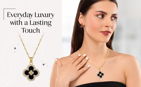 Gold Tone Necklace with Black Enamel Pendant, Crystals Four leaf Clove Charm in Saudi Arabia