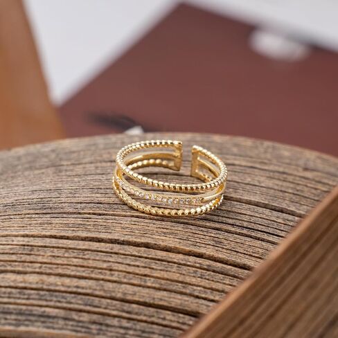 14K Gold Plated Stacked Rings with Zirconia Accents for Women – Finger Rings with Three Statement Ring Bands, Adjustable Rings for Casual & Formal Outfits in Saudi Arabia