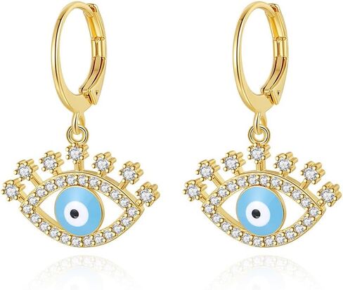 14K Gold Evil Eye Enamel Hoop and Drop Earrings with Moissanite for Women in Saudi Arabia
