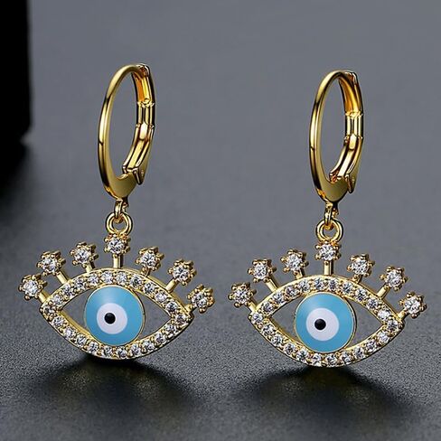 14K Gold Evil Eye Enamel Hoop and Drop Earrings with Moissanite for Women in Saudi Arabia