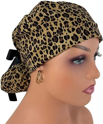 Turn Up Ponytail Medical Scrub Cap – Leopard Print. - Dr. Hats, Nurses Hats. Scrub Hat for Women in Saudi Arabia