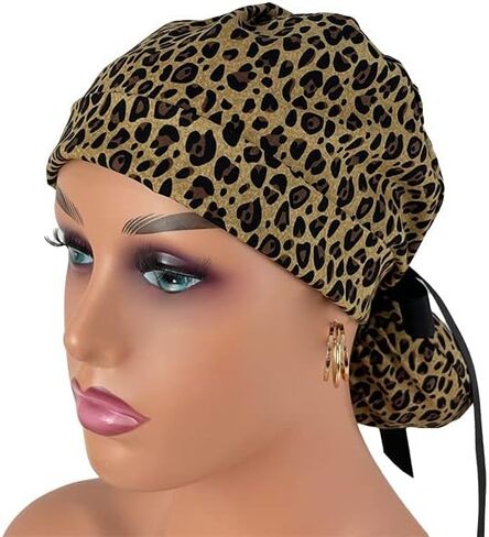 Turn Up Ponytail Medical Scrub Cap – Leopard Print. - Dr. Hats, Nurses Hats. Scrub Hat for Women in Saudi Arabia