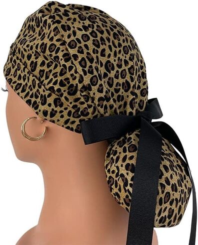 Turn Up Ponytail Medical Scrub Cap – Leopard Print. - Dr. Hats, Nurses Hats. Scrub Hat for Women in Saudi Arabia