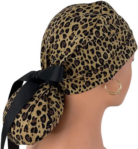 Turn Up Ponytail Medical Scrub Cap – Leopard Print. - Dr. Hats, Nurses Hats. Scrub Hat for Women in Saudi Arabia