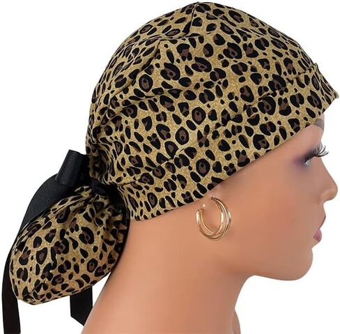 Turn Up Ponytail Medical Scrub Cap – Leopard Print. - Dr. Hats, Nurses Hats. Scrub Hat for Women in Saudi Arabia