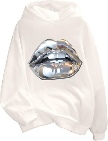 Women's Y2K Metallic Graphic Hoodie Retro Long Sleeve Hooded Sweatshirts Trendy Fall Clothes in Saudi Arabia