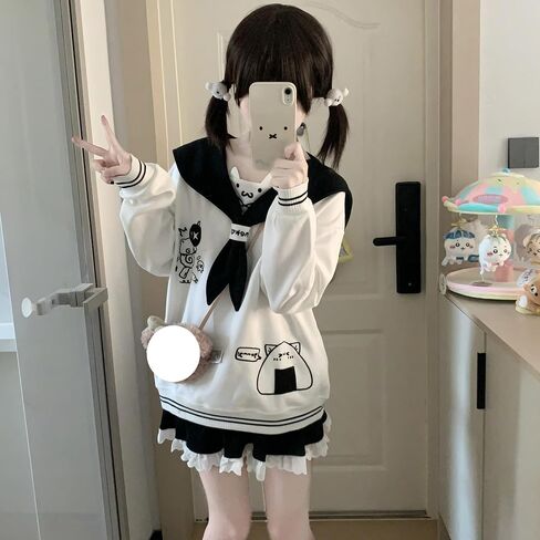 المرأة Kawaii دمية طوق القط الرسم البلوز لطيف التطريز القوس القمم الدافئة مضلع شريط Harajuku بلوزات in Kuwait