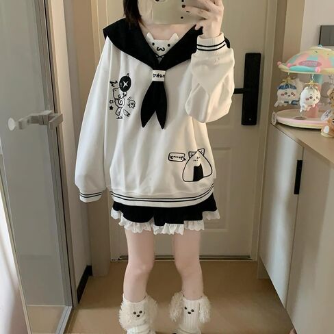 المرأة Kawaii دمية طوق القط الرسم البلوز لطيف التطريز القوس القمم الدافئة مضلع شريط Harajuku بلوزات in Kuwait