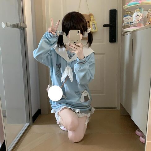المرأة Kawaii دمية طوق القط الرسم البلوز لطيف التطريز القوس القمم الدافئة مضلع شريط Harajuku بلوزات in Kuwait