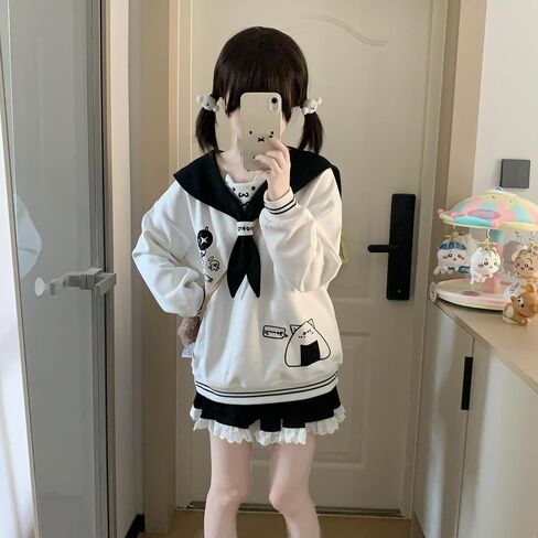 المرأة Kawaii دمية طوق القط الرسم البلوز لطيف التطريز القوس القمم الدافئة مضلع شريط Harajuku بلوزات in Kuwait
