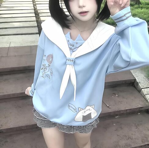 المرأة Kawaii دمية طوق القط الرسم البلوز لطيف التطريز القوس القمم الدافئة مضلع شريط Harajuku بلوزات in Kuwait