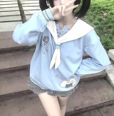 المرأة Kawaii دمية طوق القط الرسم البلوز لطيف التطريز القوس القمم الدافئة مضلع شريط Harajuku بلوزات in Kuwait