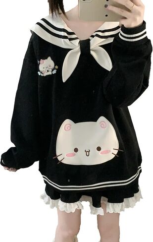 المرأة Kawaii دمية طوق القط الرسم البلوز لطيف التطريز القوس القمم الدافئة مضلع شريط Harajuku بلوزات in Kuwait