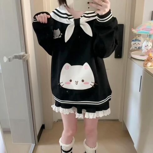 المرأة Kawaii دمية طوق القط الرسم البلوز لطيف التطريز القوس القمم الدافئة مضلع شريط Harajuku بلوزات in Kuwait