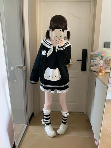 المرأة Kawaii دمية طوق القط الرسم البلوز لطيف التطريز القوس القمم الدافئة مضلع شريط Harajuku بلوزات in Kuwait