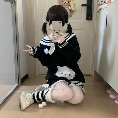 المرأة Kawaii دمية طوق القط الرسم البلوز لطيف التطريز القوس القمم الدافئة مضلع شريط Harajuku بلوزات in Kuwait