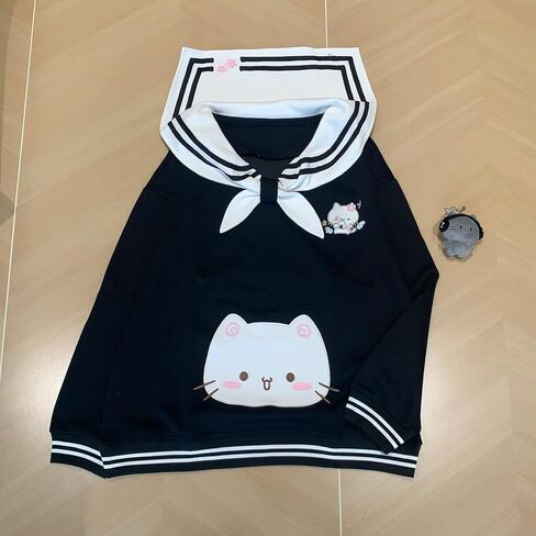 المرأة Kawaii دمية طوق القط الرسم البلوز لطيف التطريز القوس القمم الدافئة مضلع شريط Harajuku بلوزات in Kuwait