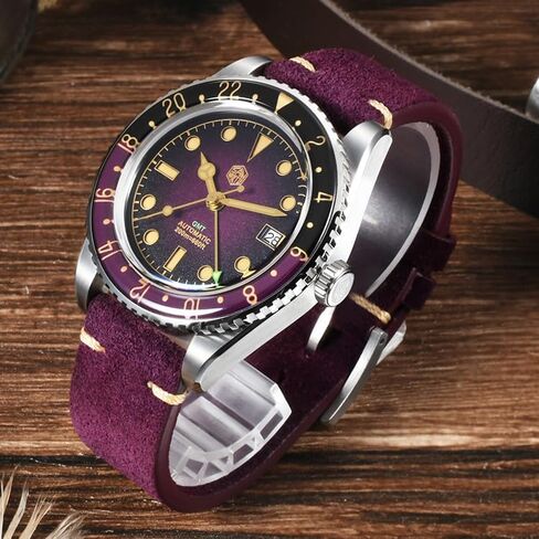 San Martin Men's Automatic Dive Watch - NH34 Movement 40mm Self Wind Mechanical Wristwatch with 20Bar Water Resistant, Bubble Sapphire Crystal C3 Green Lume and Retro Leather Strap in Saudi Arabia
