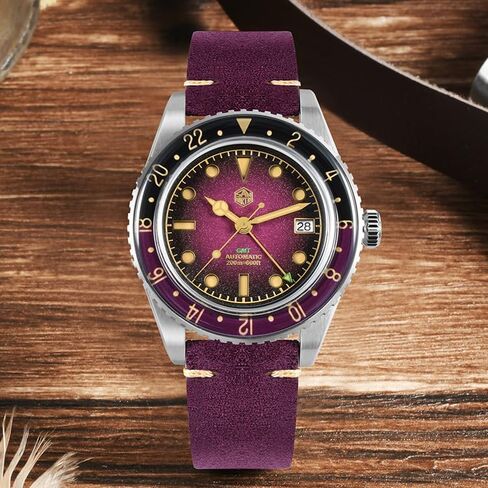 San Martin Men's Automatic Dive Watch - NH34 Movement 40mm Self Wind Mechanical Wristwatch with 20Bar Water Resistant, Bubble Sapphire Crystal C3 Green Lume and Retro Leather Strap in Saudi Arabia